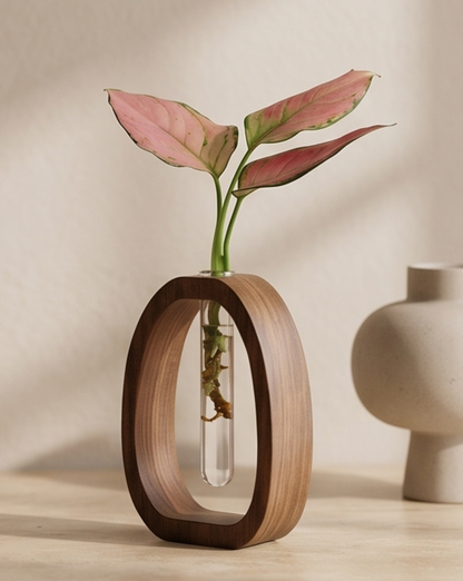 Cove Vase in Solid Walnut Wood with Glass Test Tube, 14.5 cm