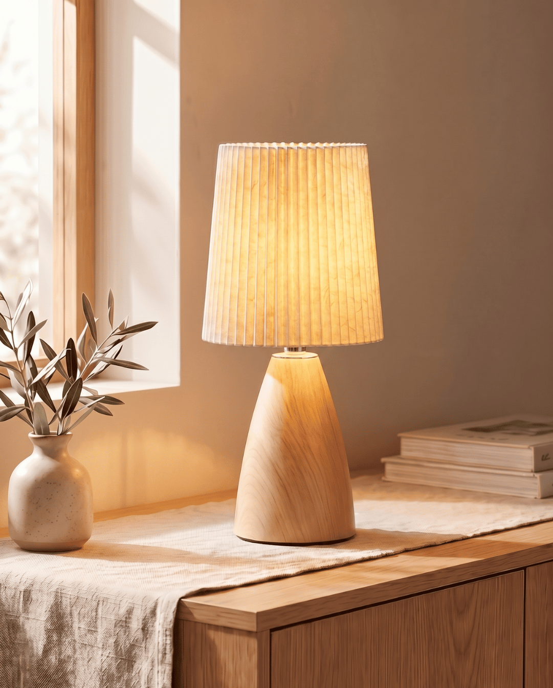 Table Lamp in Ceramic with Wood Design and Fabric Shade - Cone - Walnut
