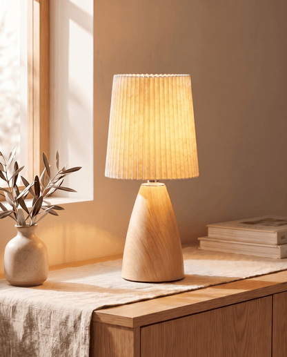 Table Lamp in Ceramic with Wood Design and Fabric Shade - Cone - Walnut