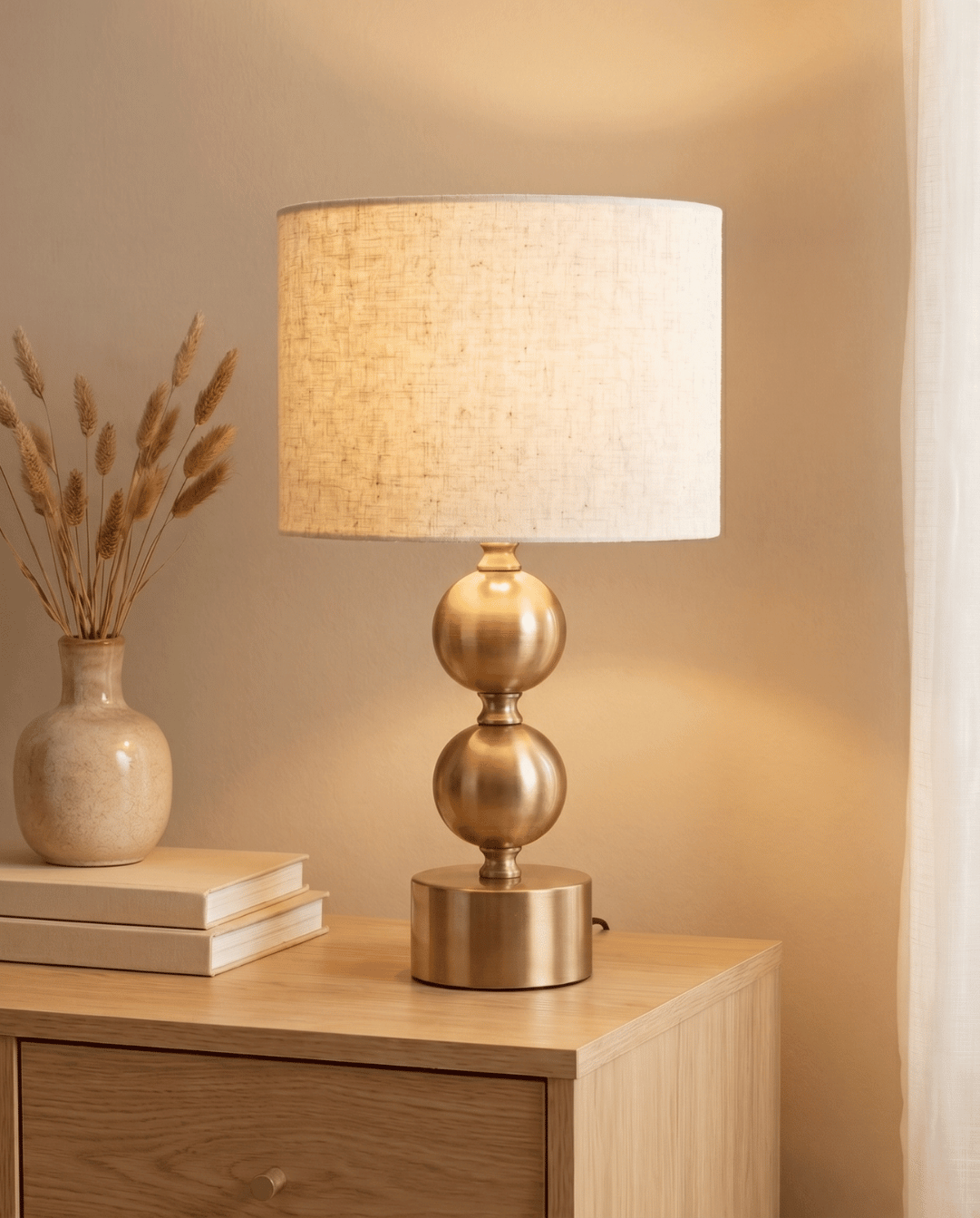Orb Table Lamp in Gold Metal with Linen Shade, 45 cm