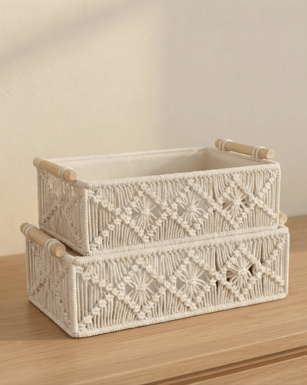 Boho Storage Baskets Set (2 Pieces) - Woven Organizer with Wooden Handles