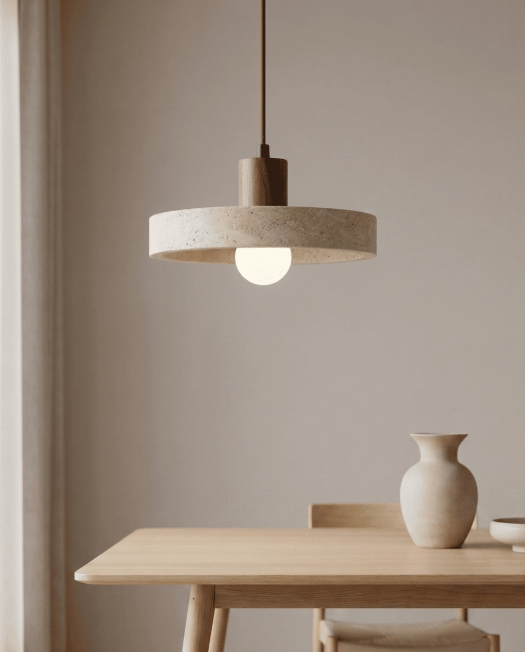 Dune Pendant Light in Yellow Travertine with Solid Wood Accent - Pine