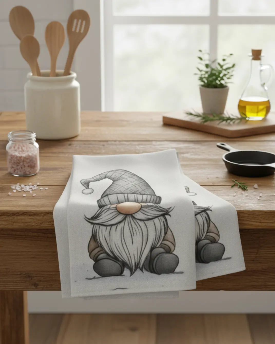 Nord Kitchen Towel Set in White Cotton with Gnome Print - Set of 2