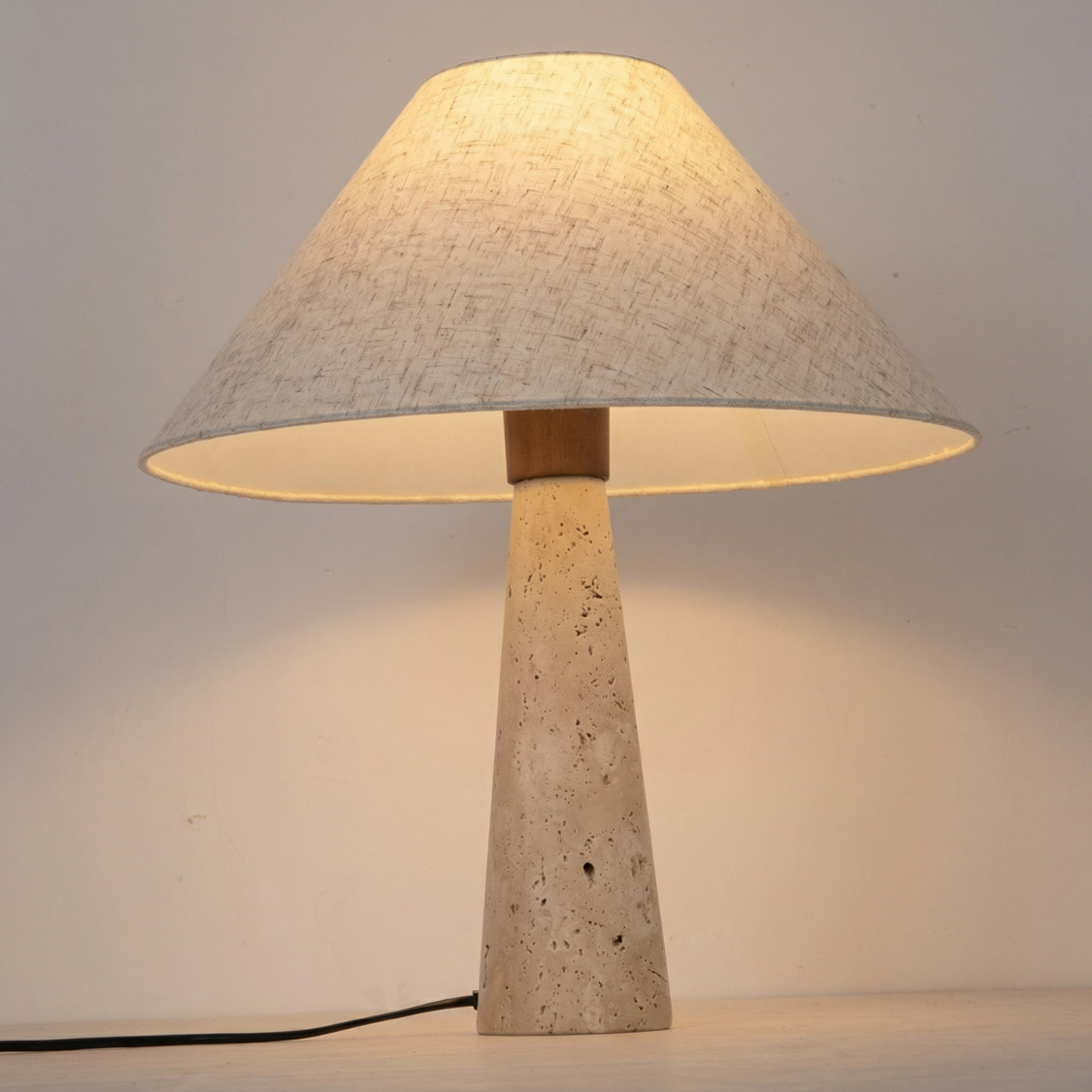 Japandi Travertine Table Lamp – Yellow Cave Stone Base with Linen Shade