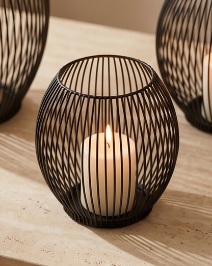 Black Candle Holder - Vintage Wrought Iron Lantern Design - Medium