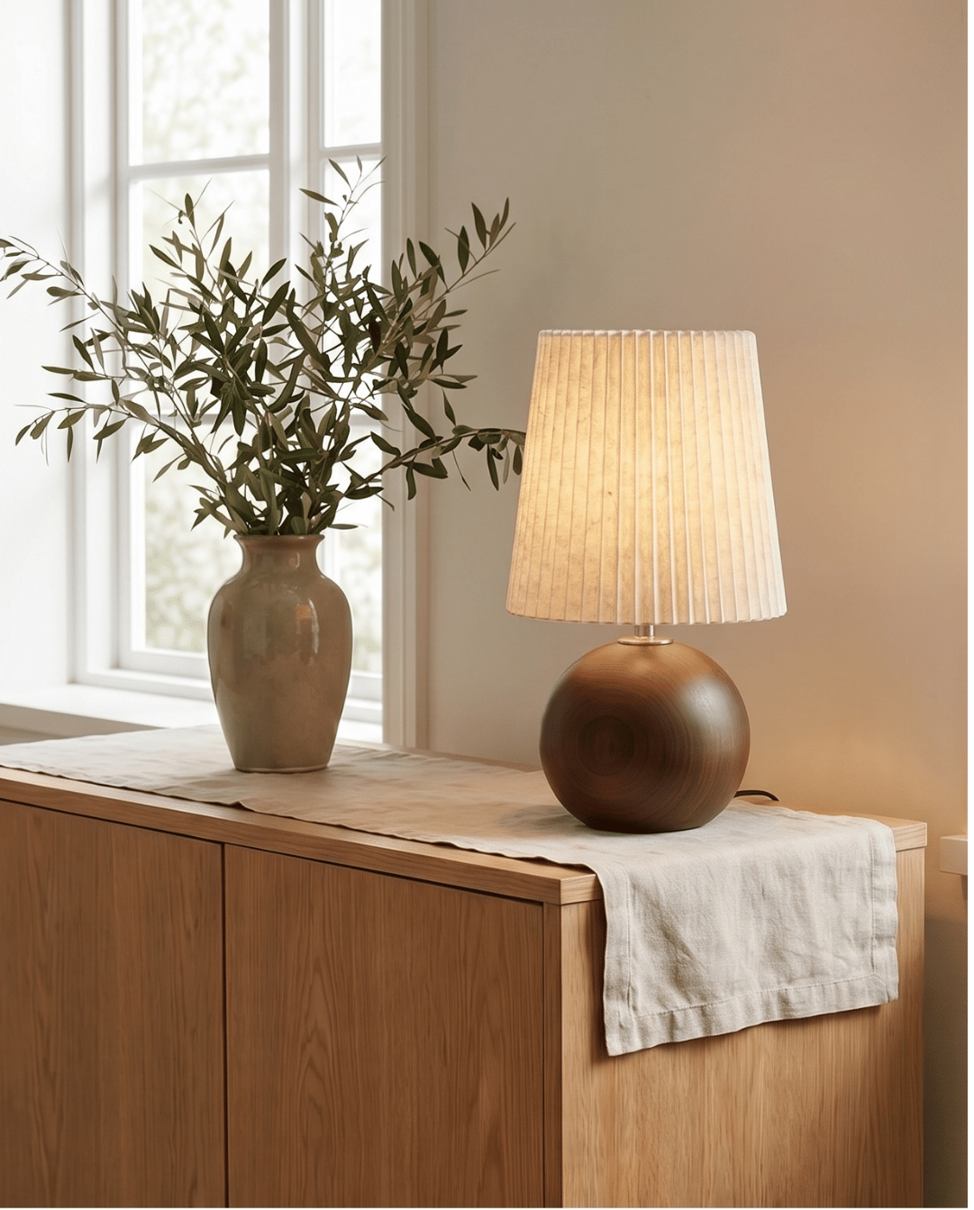 Table Lamp in Ceramic with Wood Design and Fabric Shade - Round, 28.5 cm