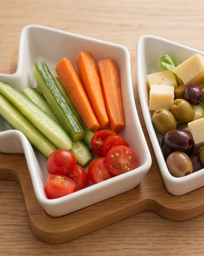 Grove Serving Bowl Set in Glossy White Porcelain with Bamboo Tray