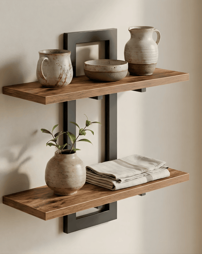 Wall Shelf 2-Tier – Wooden Wall Shelf with Metal Brackets - 2-Tier