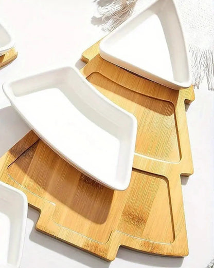 Grove Serving Bowl Set in Glossy White Porcelain with Bamboo Tray