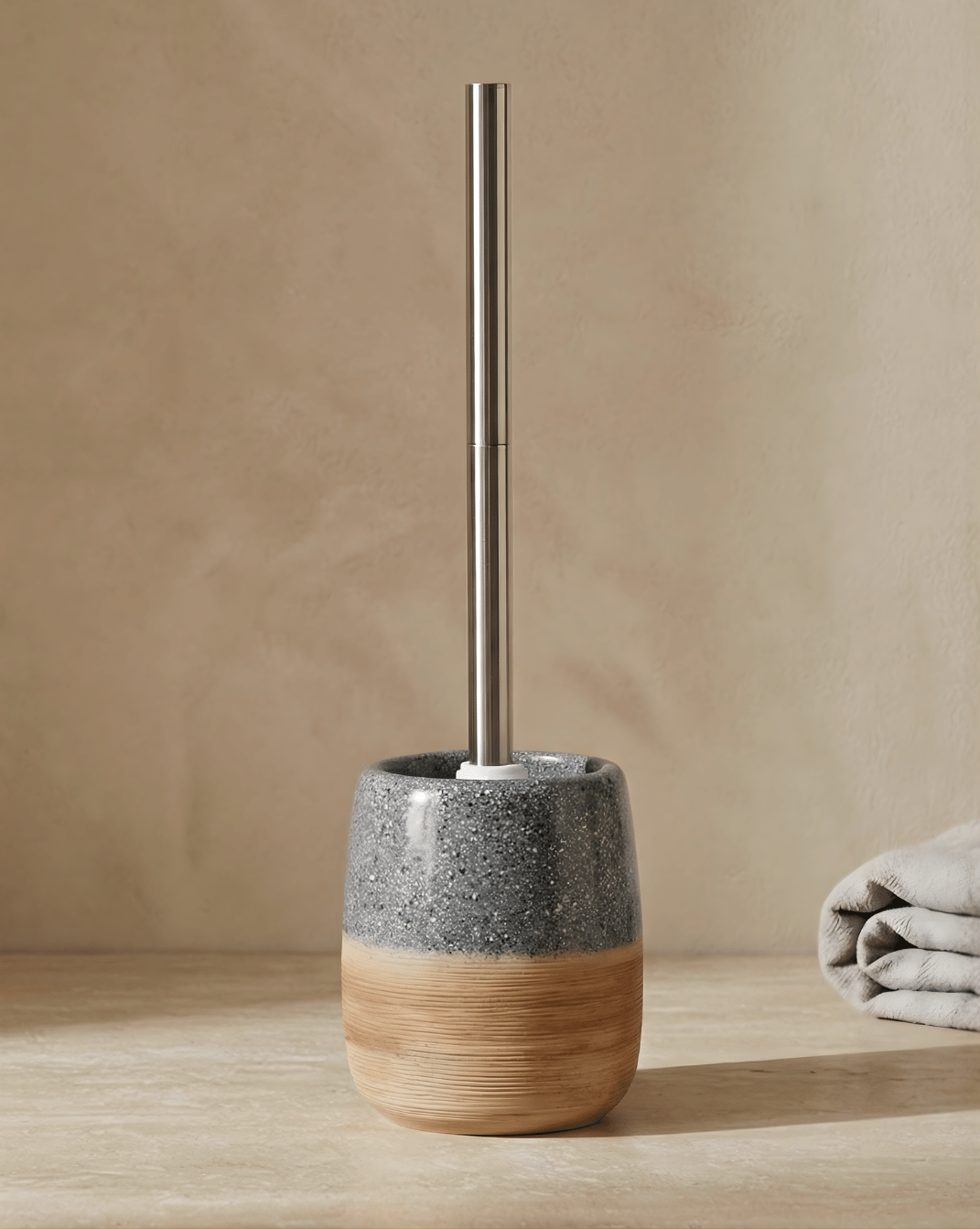 Ceramic Toilet Brush Set – Wood-Texture Base – Stainless Steel Handle - White