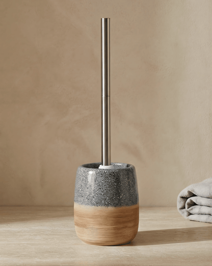Ceramic Toilet Brush Set – Wood-Texture Base – Stainless Steel Handle - White