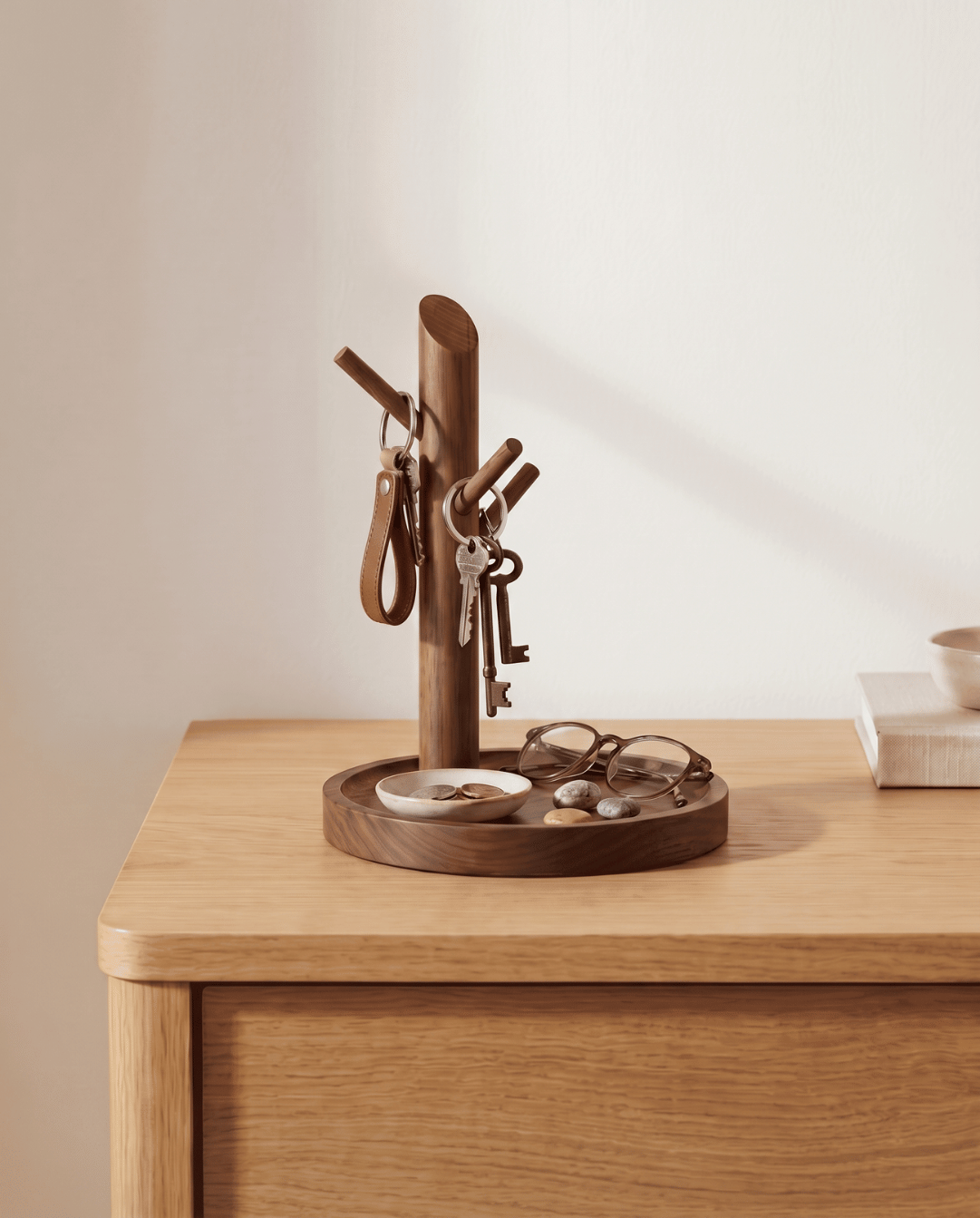 Key Holder Wood Bamboo | Minimalist Tray with Hooks, 20 cm