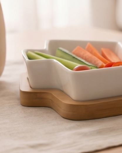 Grove Serving Bowl Set in Glossy White Porcelain with Bamboo Tray