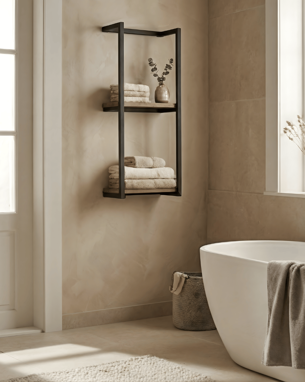 Havn Towel Rack 2-Tier in Natural Wood with Black Steel Frame, 77 cm