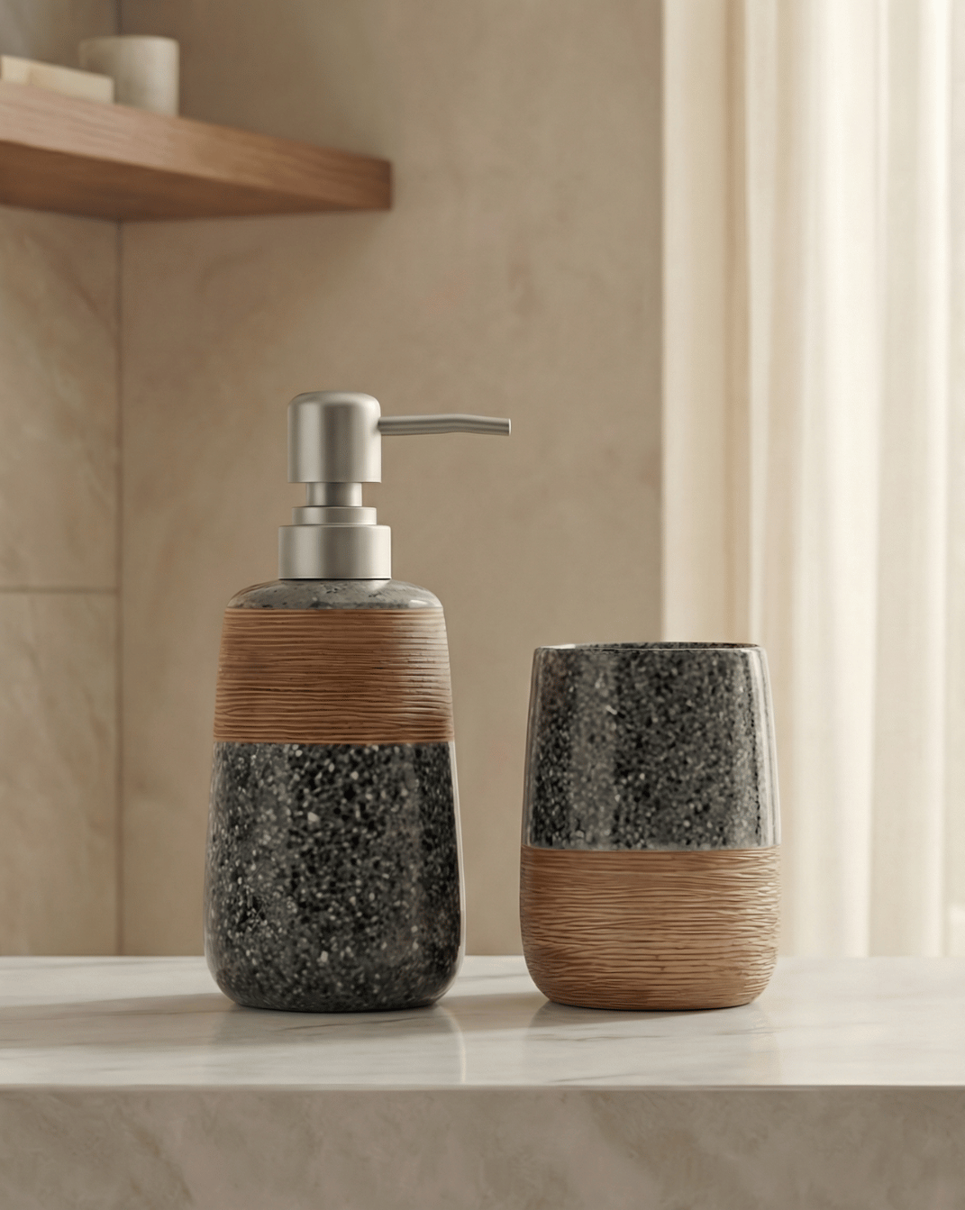 Flint Bathroom Set 2-Piece Speckled Ceramic with Bamboo Design, 18 cm - White