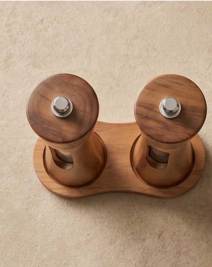 Acacia Wood Salt and Pepper Mill Set - Manual Kitchen Mills with Stand