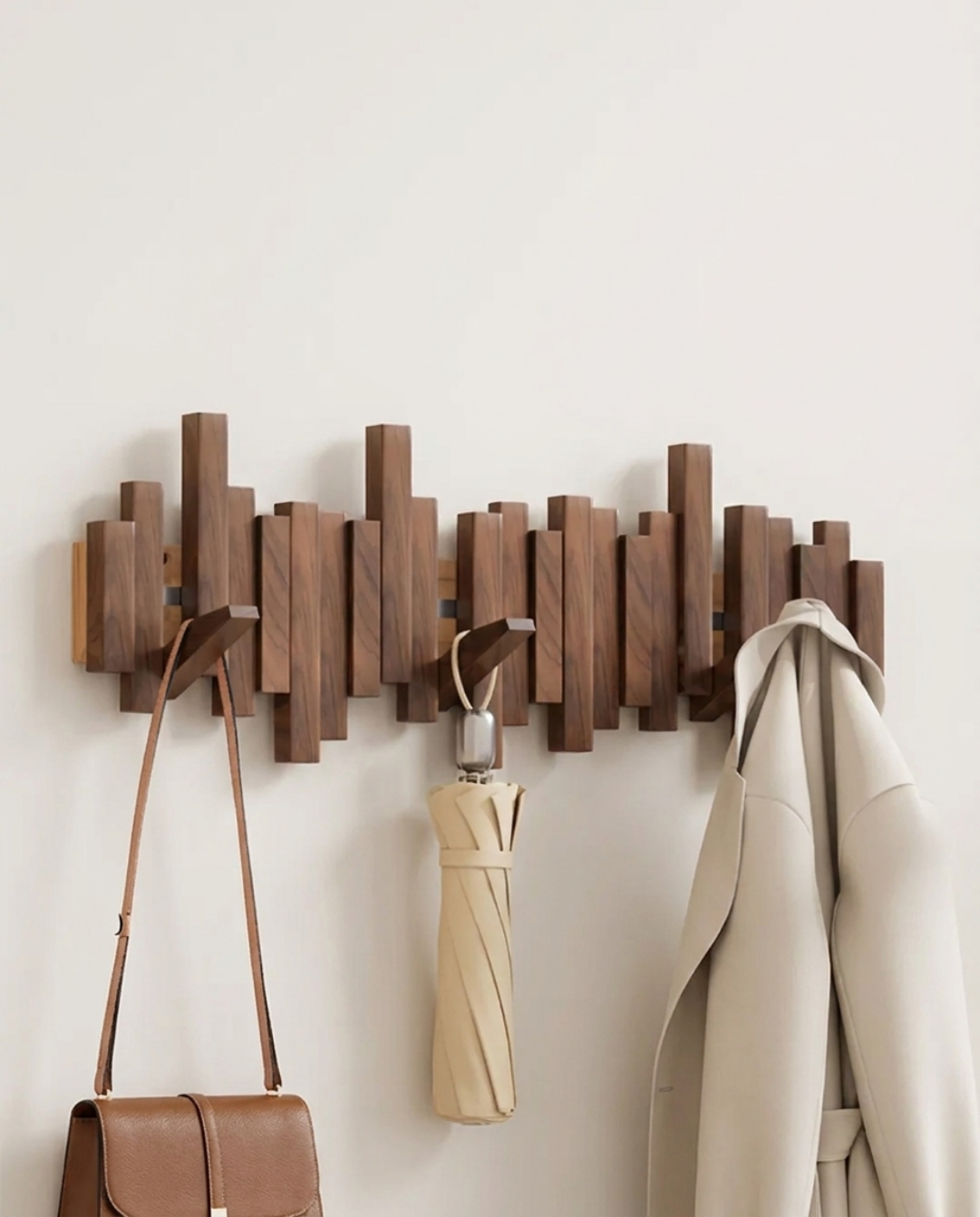 Wooden Wall Coat Rack with Folding Magnetic Hooks – Beech Wood, 3 to 10 Hooks - Walnut