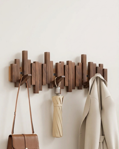 Wooden Wall Coat Rack with Folding Magnetic Hooks – Beech Wood, 3 to 10 Hooks - Walnut