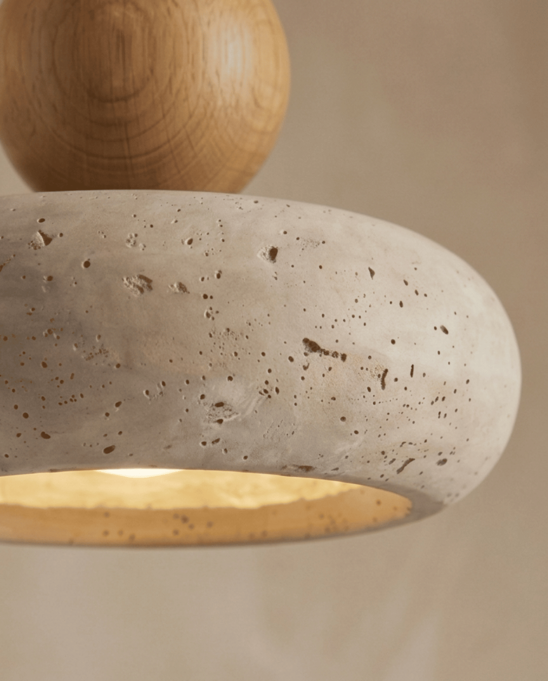 Cove Pendant Light in Beige Travertine with Wooden Accent