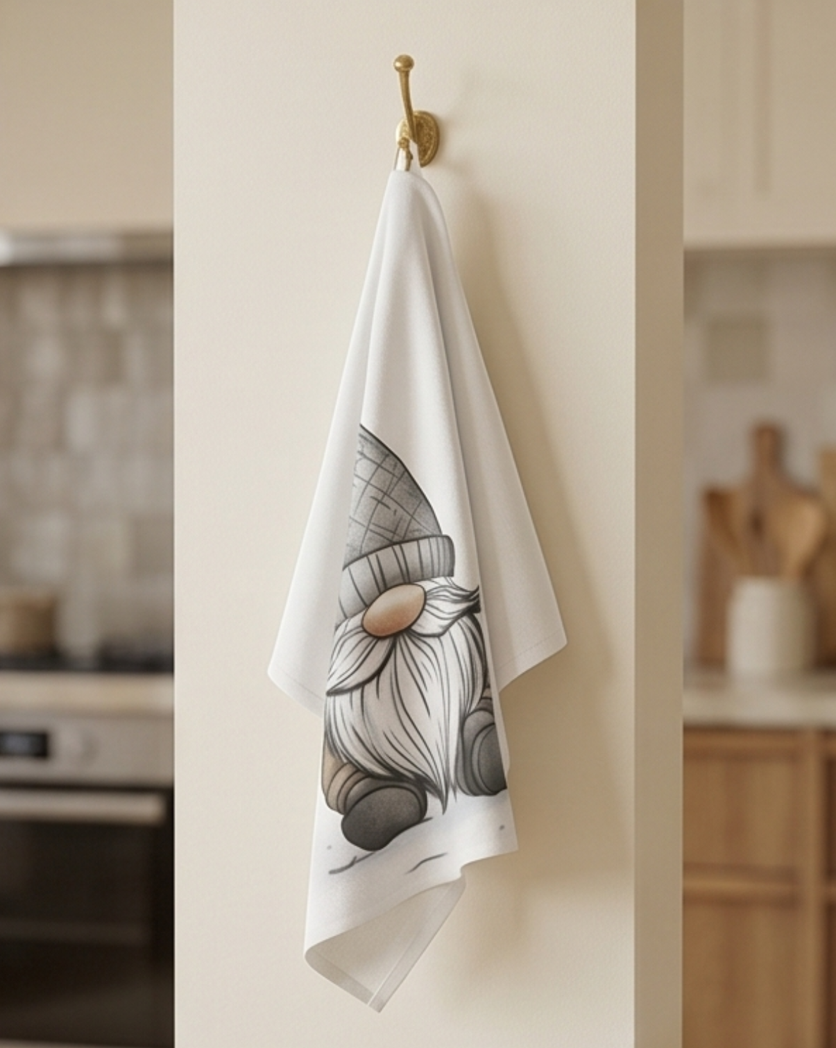 Nord Kitchen Towel Set in White Cotton with Gnome Print