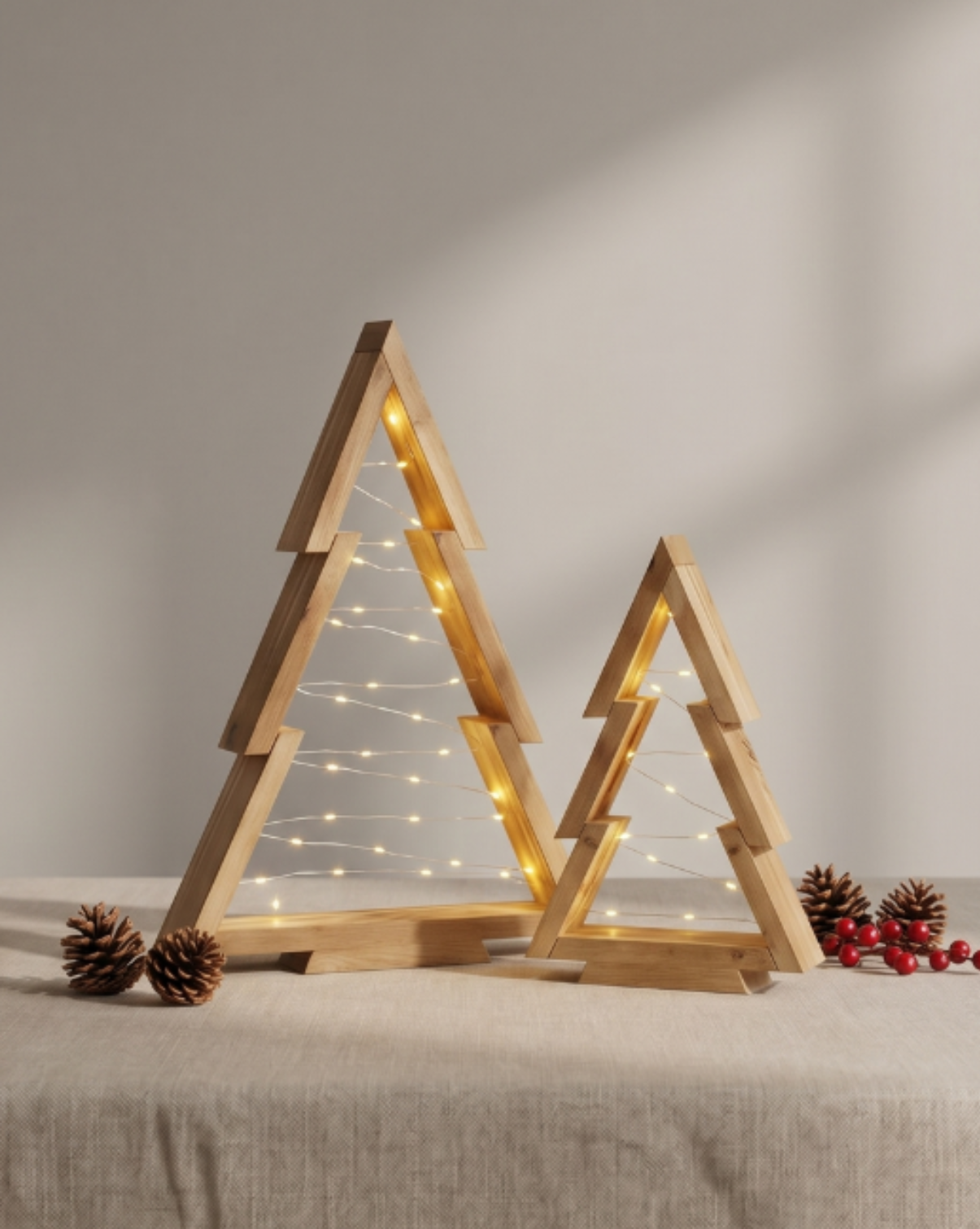 Vale Wooden Christmas Tree Set with Built-In LED Lighting, Natural Wood - Set of 2