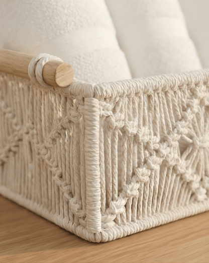 Boho Storage Baskets Set (2 Pieces) - Woven Organizer with Wooden Handles