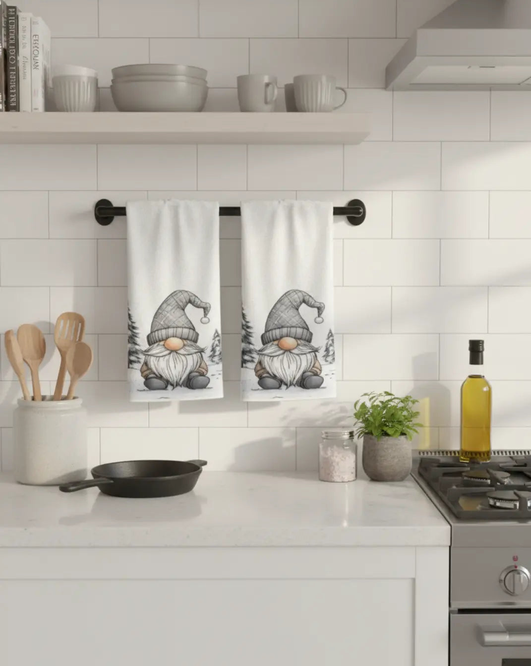 Nord Kitchen Towel Set in White Cotton with Gnome Print