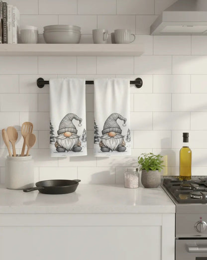 Nord Kitchen Towel Set in White Cotton with Gnome Print