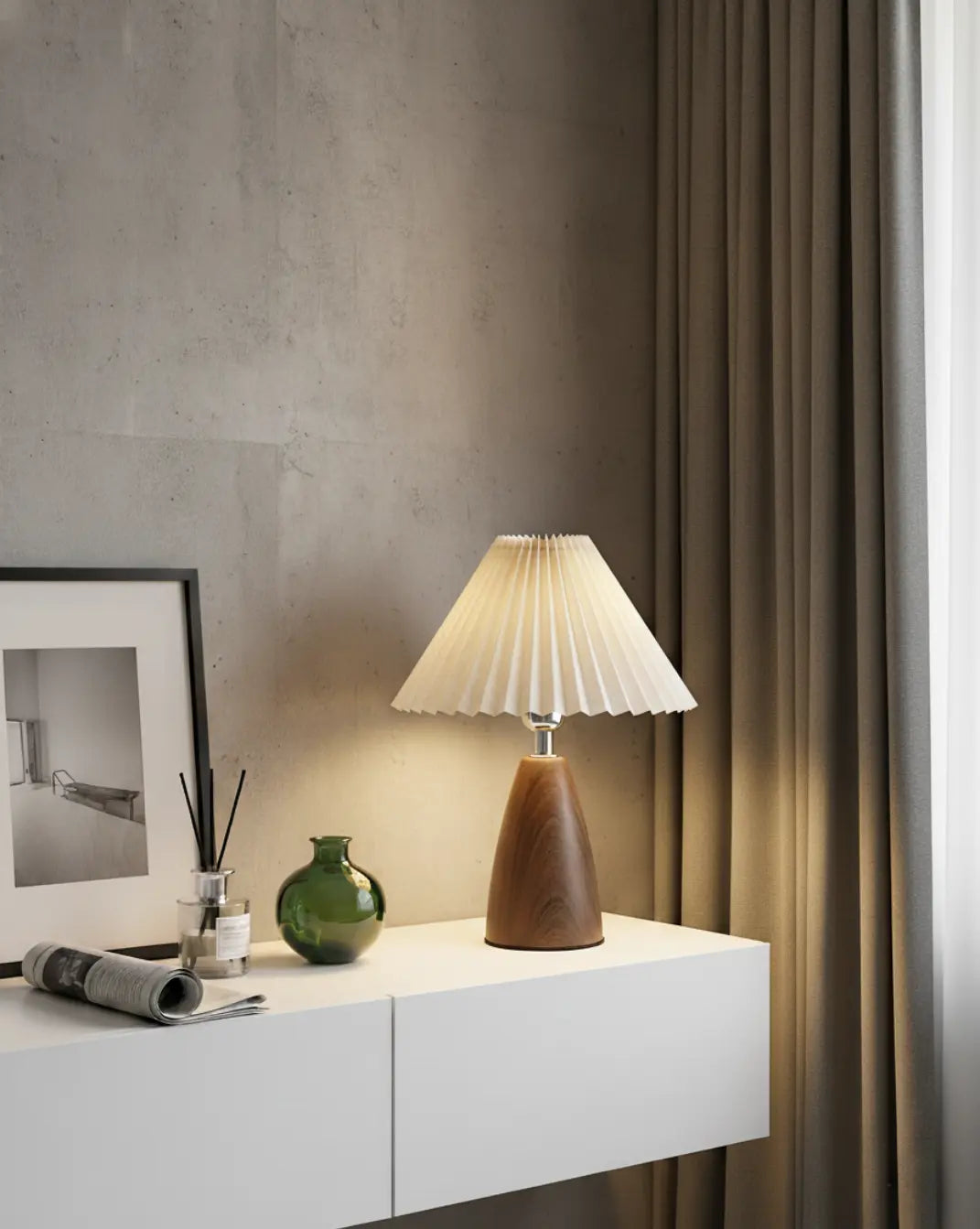 Fern Table Lamp in Ceramic Walnut Tone with White Fabric Shade, 30 cm - Linen