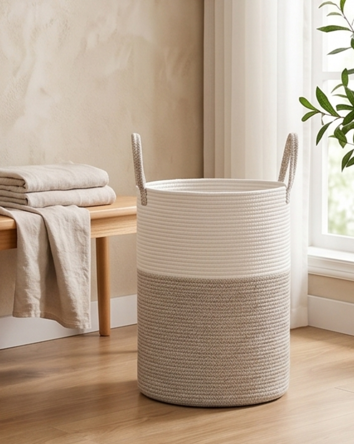 Laundry Basket Cotton Rope – Boho Design | Woven Laundry Basket Natural, 58L - Black
