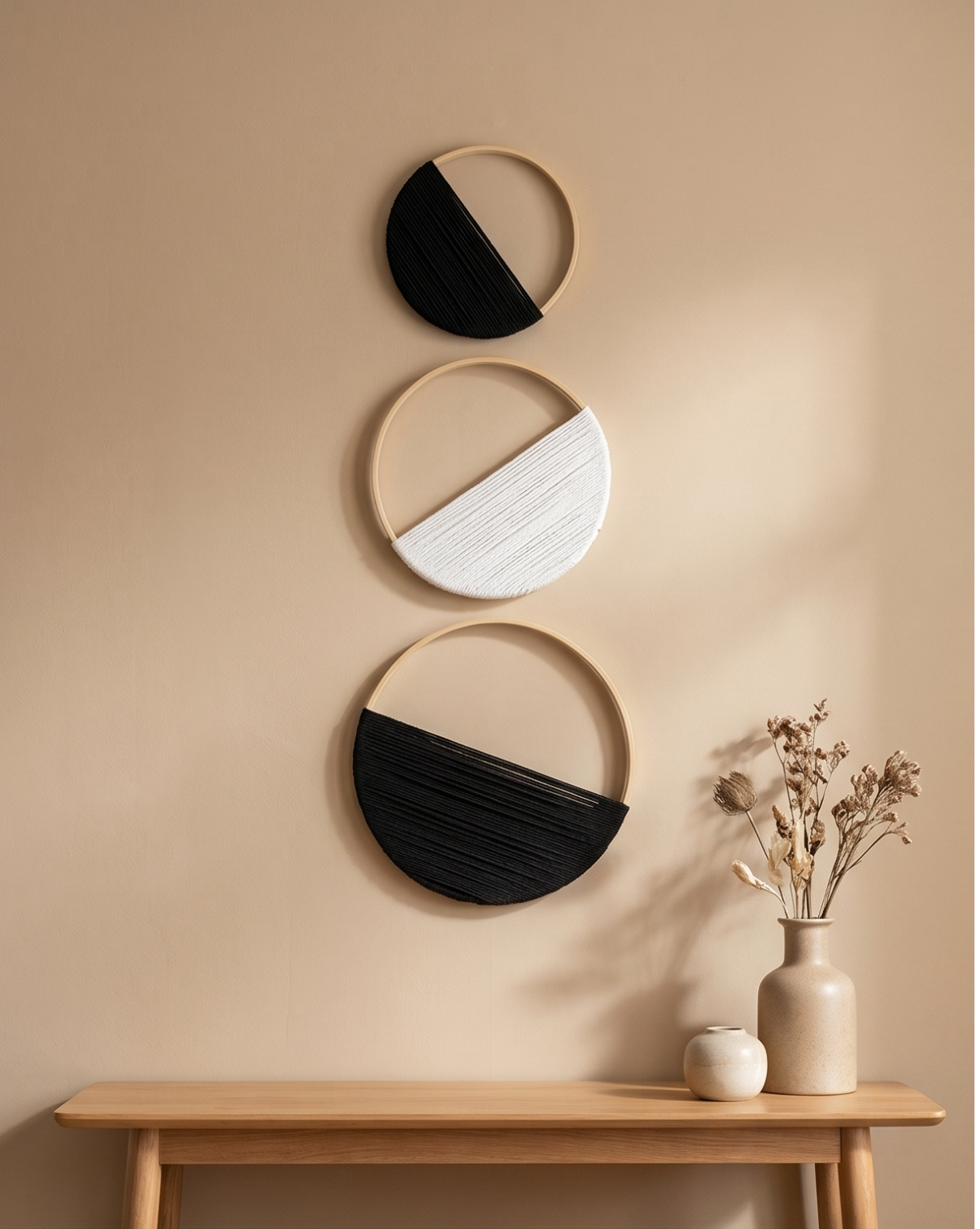 Macramé Wall Decor Set of 3 | Bamboo Hoop with Geometric Pattern - Black