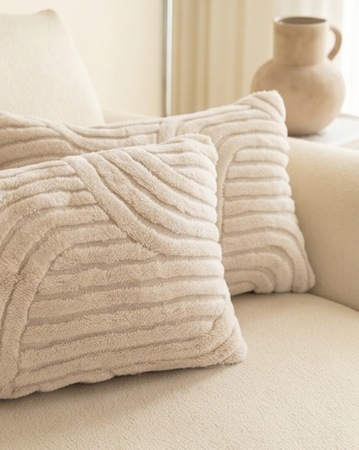 Boho Abstract Cushion Covers Set of 2 – Soft Plush Geometric Pattern - White