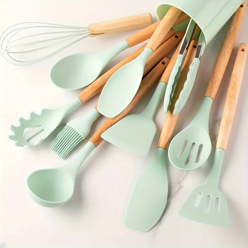 12-Piece Kitchen Utensil Set, Silicone with Wood Accent, Heat-Resistant to 230°C, Non-Stick