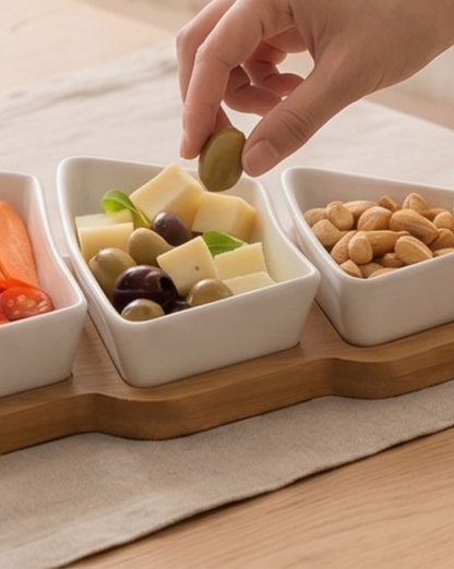 Grove Serving Bowl Set in Glossy White Porcelain with Bamboo Tray