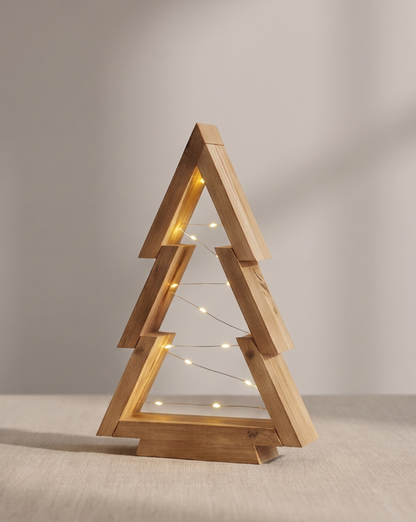 Vale Wooden Christmas Tree Set with Built-In LED Lighting, Natural Wood