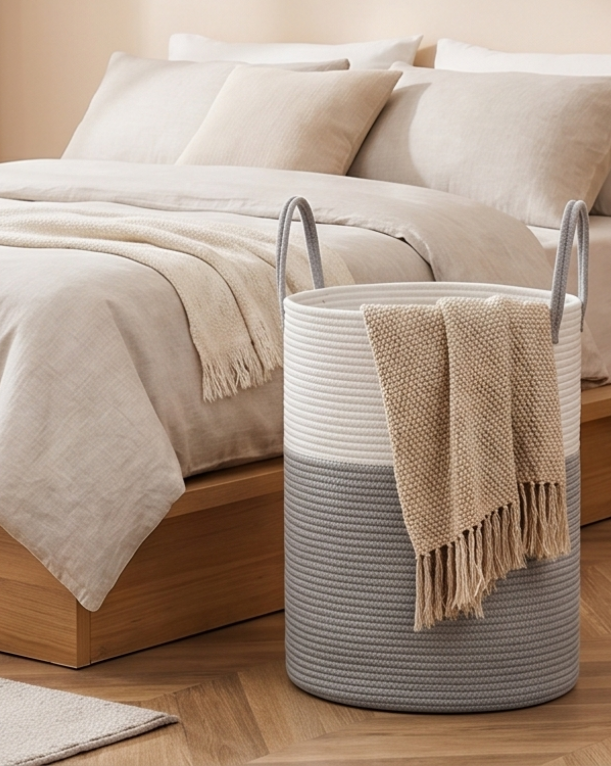 Laundry Basket Cotton Rope – Boho Design | Woven Laundry Basket Natural, 58L
