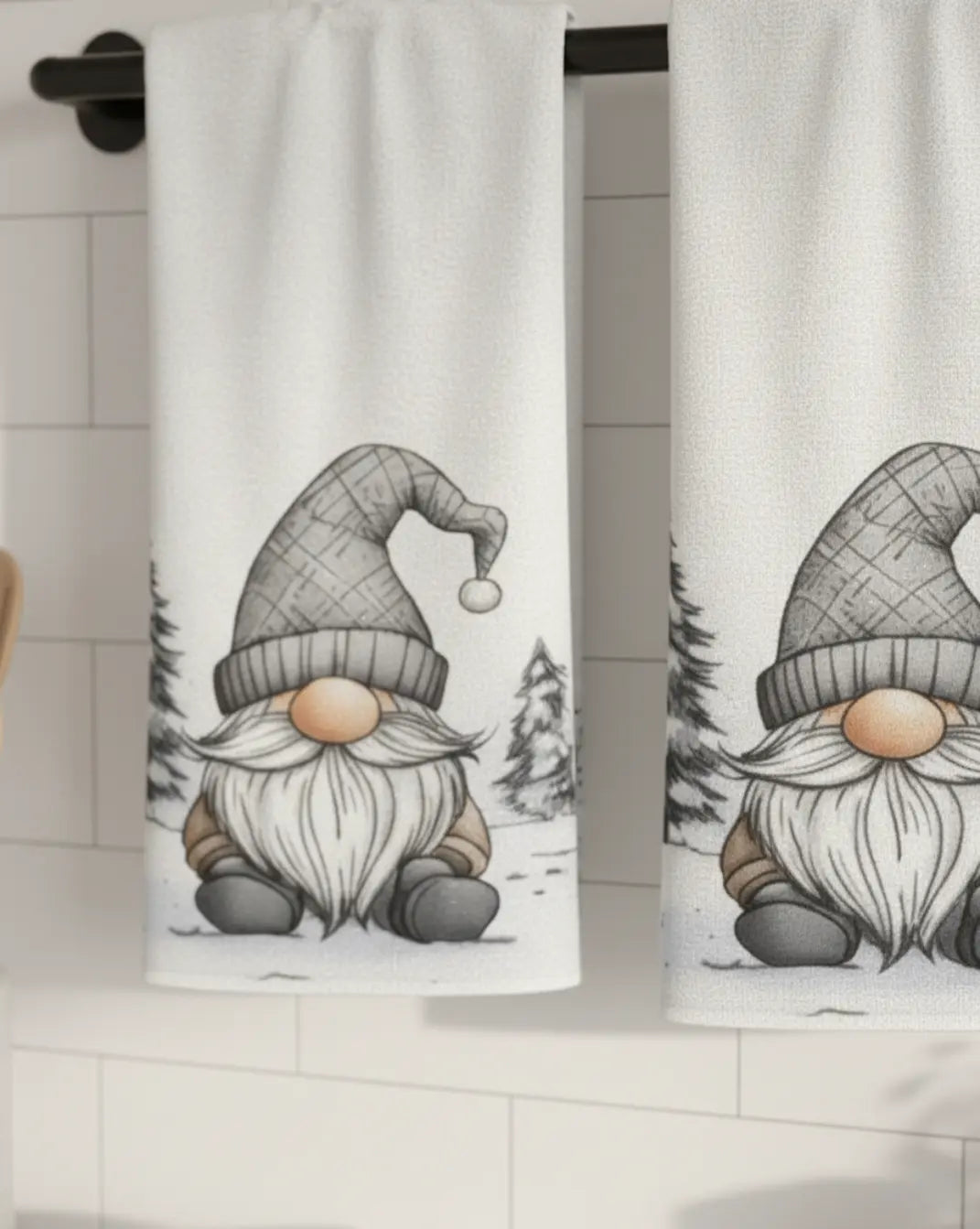 Nord Kitchen Towel Set in White Cotton with Gnome Print