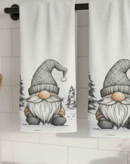 Nord Kitchen Towel Set in White Cotton with Gnome Print