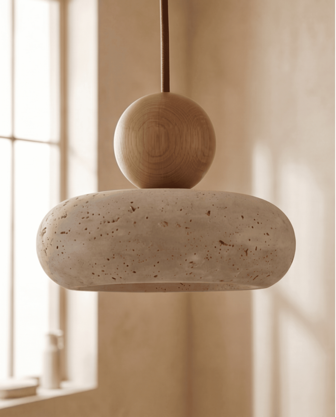 Cove Pendant Light in Beige Travertine with Wooden Accent