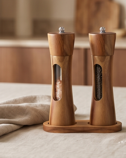 Acacia Wood Salt and Pepper Mill Set - Manual Kitchen Mills with Stand