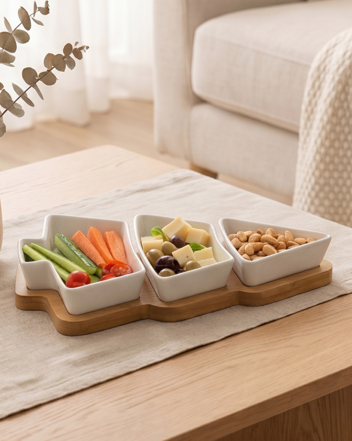 Grove Serving Bowl Set in Glossy White Porcelain with Bamboo Tray