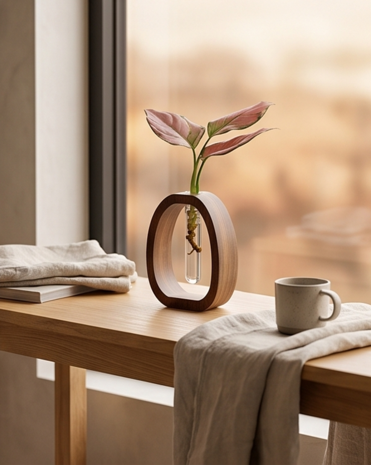 Cove Vase in Solid Walnut Wood with Glass Test Tube, 14.5 cm