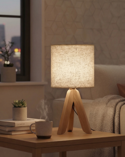 40 cm Minimalist Table Lamp – Wooden Tripod Base with Fabric Shade - Grey
