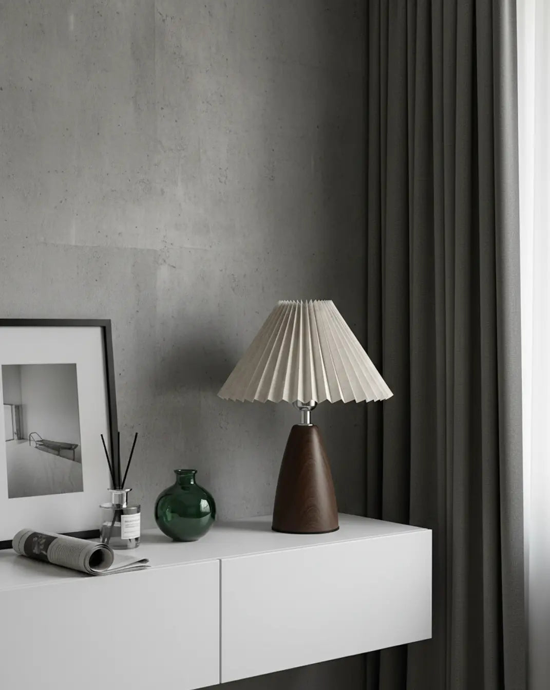 Fern Table Lamp in Ceramic Walnut Tone with White Fabric Shade, 30 cm - Floral