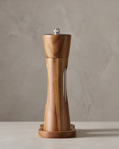 Acacia Wood Salt and Pepper Mill Set - Manual Kitchen Mills with Stand