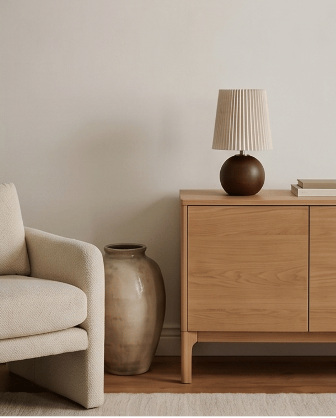 Table Lamp in Ceramic with Wood Design and Fabric Shade - Round, 28.5 cm
