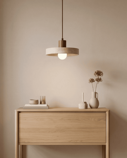 Dune Pendant Light in Yellow Travertine with Solid Wood Accent