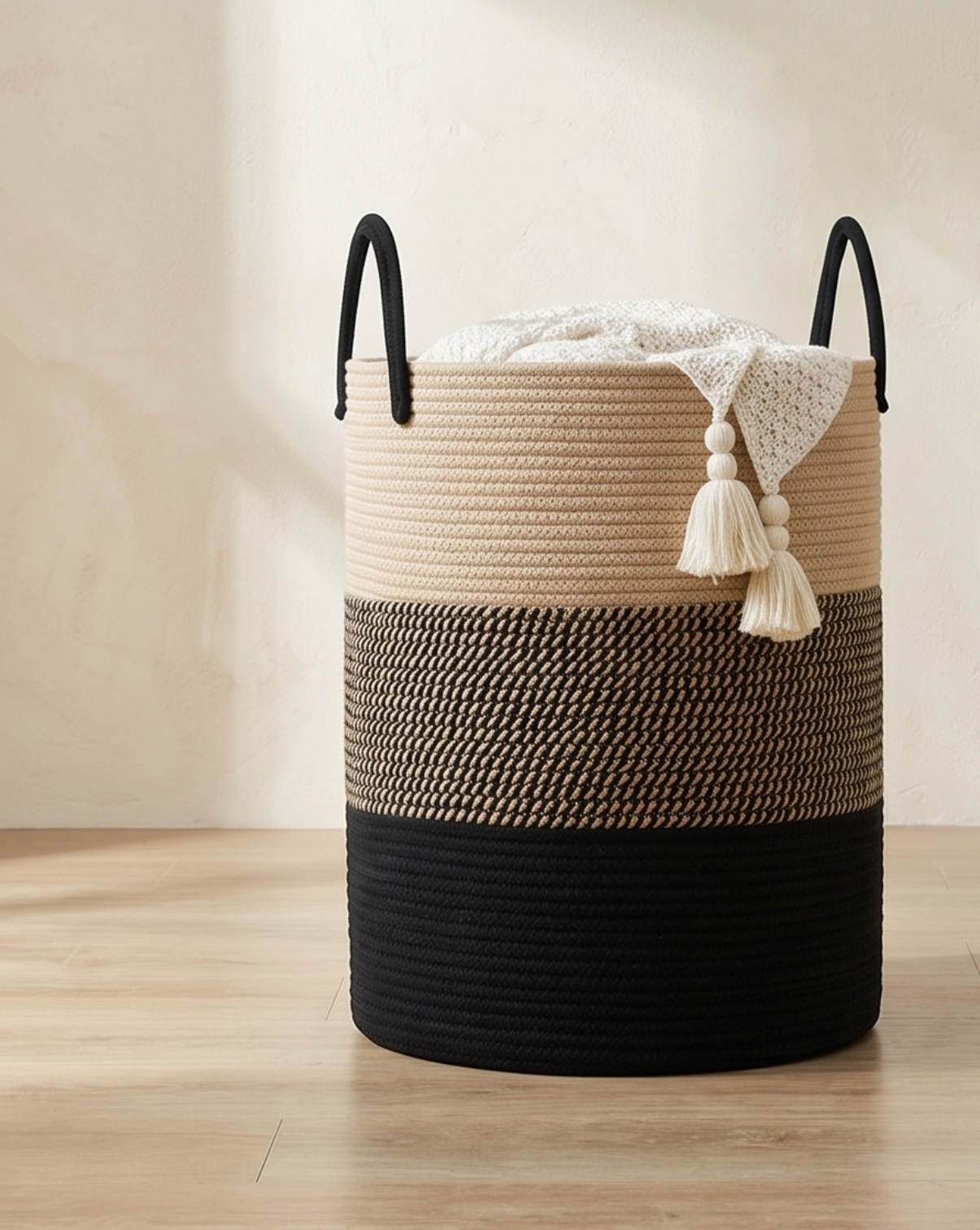 Laundry Basket Cotton Rope – Boho Design | Woven Laundry Basket Natural, 58L - Mix