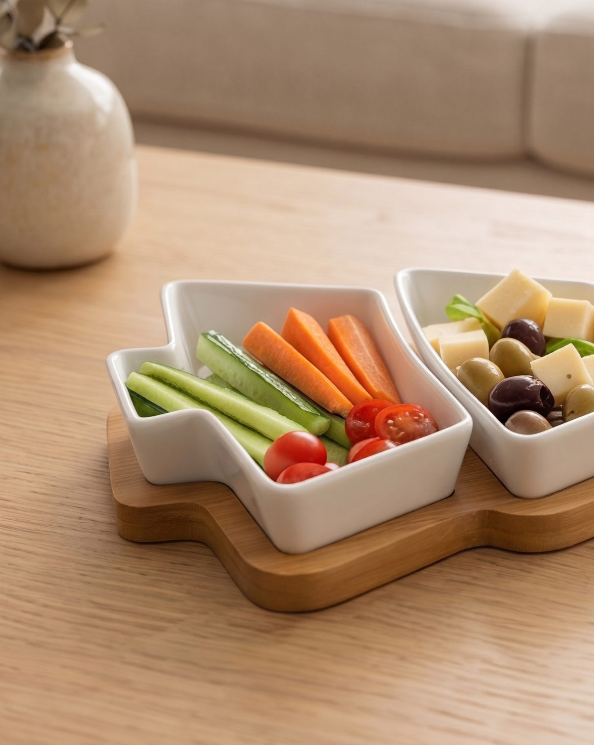 Grove Serving Bowl Set in Glossy White Porcelain with Bamboo Tray