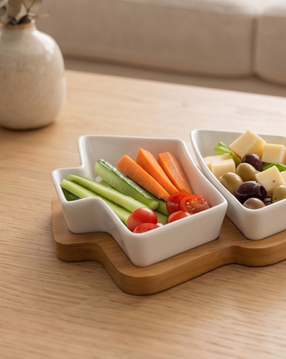 Grove Serving Bowl Set in Glossy White Porcelain with Bamboo Tray